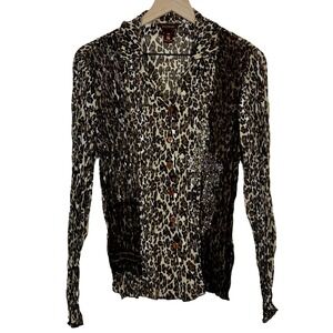 Multiples Women Leopard Print Button Up Shirt Size S Brown Sequin Pleated Blouse